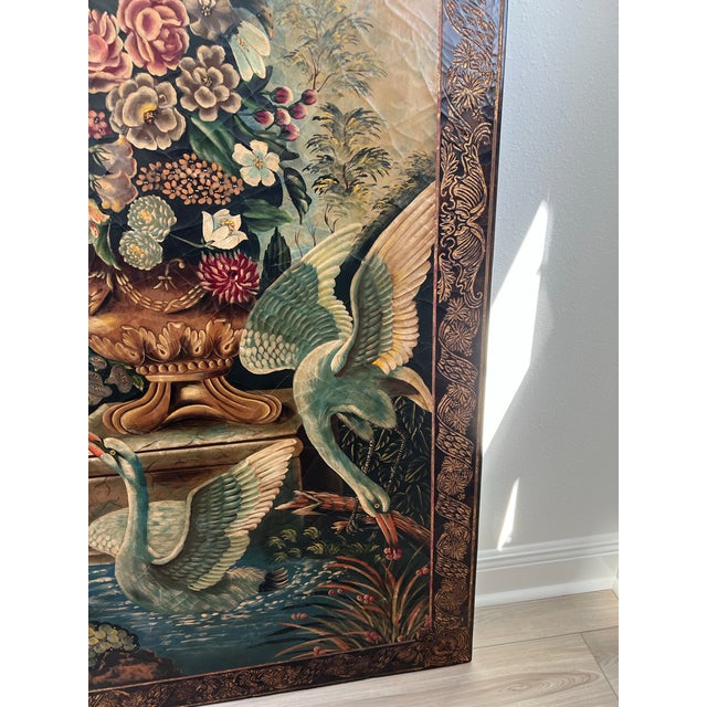1990s Extra Large Castilian Imports Vintage Painting on Wood With Birds and Flowers (70 X 38 X 1.1 Inches) For Sale - Image 5 of 12