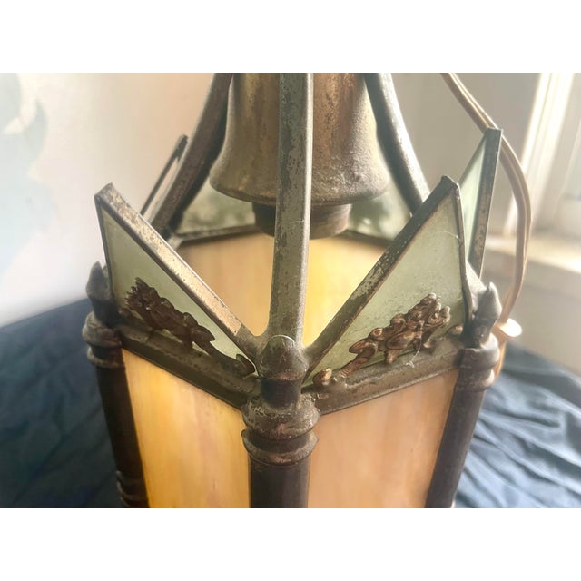 Mid 20th Century Gothic Revival Hanging Lantern With Slag Glass Panels and Ornate Metal Frame. For Sale - Image 4 of 4