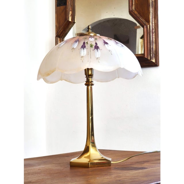 Brass Table Lamp with Hand-Painted Satin Glass Shade, Italy, 1980s For Sale - Image 11 of 12