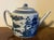 Antique 19th century Chinese export blue & white porcelain Canton teapot. Decorated with a continuous harbor landscape...