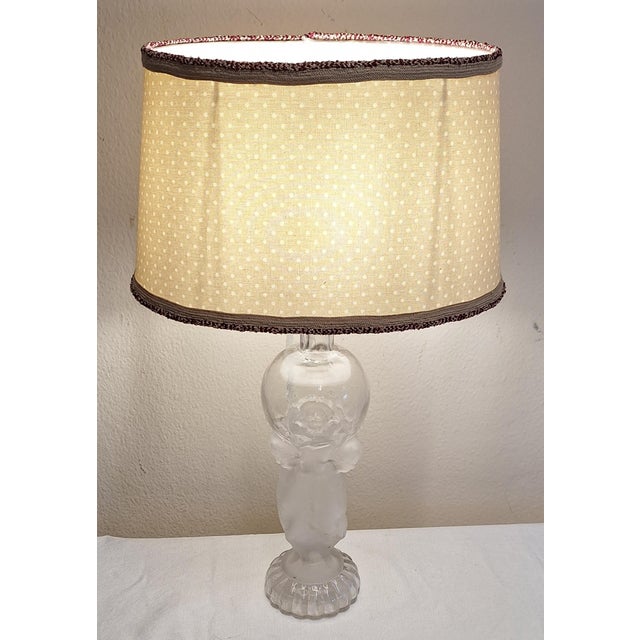 French Table Lamp with Partially Frosted Glass Base, Atlas Motif and Fabric Shade, 1970s For Sale - Image 3 of 9