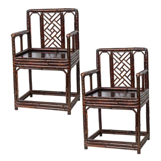 19Th C. Pair Chinese Dark Tortoiseshell Bamboo Armchairs Early For Sale - Image 11 of 12