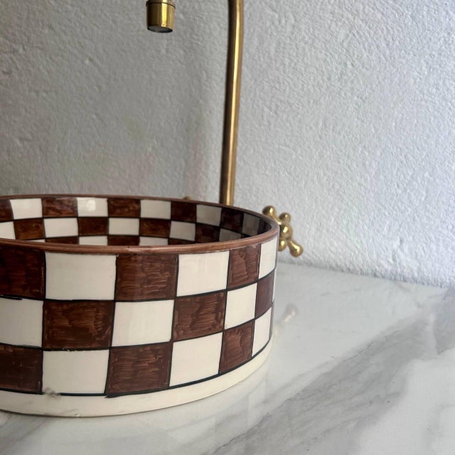 Metal Artisan Brown Vessel Sink, Hand-Painted Bohemian Bathroom Basin with Brass Drain For Sale - Image 7 of 7