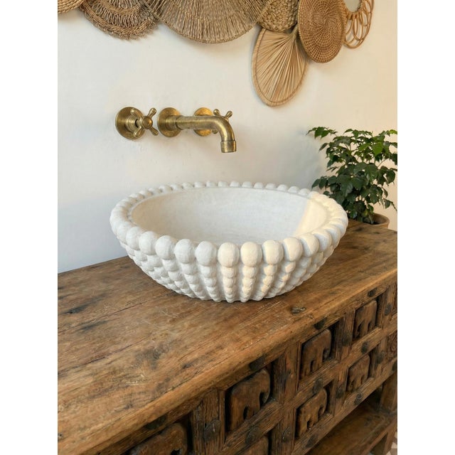 Farmhouse Vintage Style White Marble Bubble Rim Vessel Sink | Custom Bathroom Vanity Basin | Artisan Bathroom Decor For Sale - Image 3 of 6