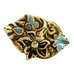 Gold Brooch with Enamel and Floral Reliefs For Sale