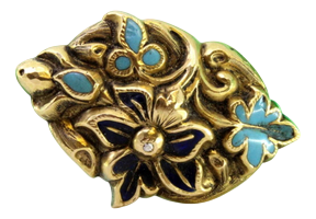Gold Brooch with Enamel and Floral Reliefs