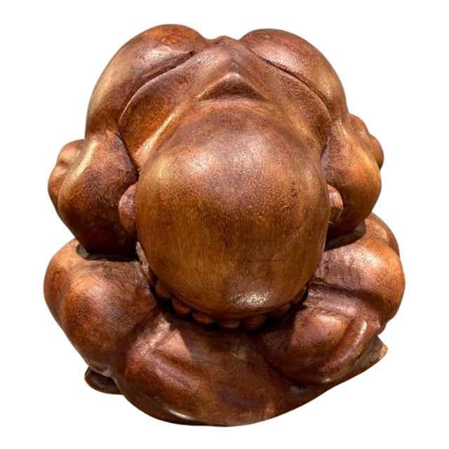 Vintage Hand Carved Wood Hotei Budai Laughing Buddha Seated Sculpture 7.5" For Sale - Image 4 of 10