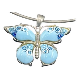 Sterling Alan K Millefiori Murano Glass Butterfly Pendant Omega Necklace 925 Silver For Sale