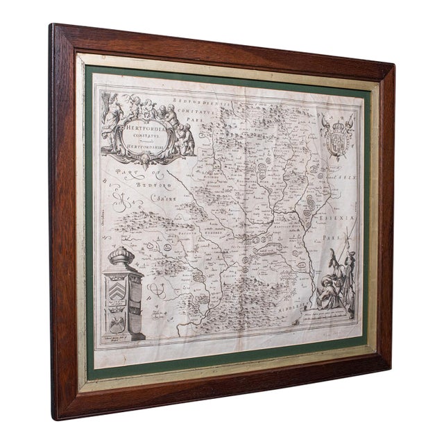 Antique County Map, Hertfordshire, Dutch, Framed Cartography, Blaeu, Carolean For Sale