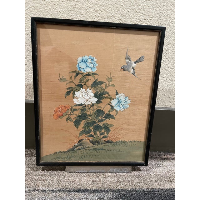1930s “Huaniao-Hua” (Bird and Flower Ii) Watercolor & Ink Gongbi Style Painting on Woven Silk For Sale In San Diego - Image 6 of 9
