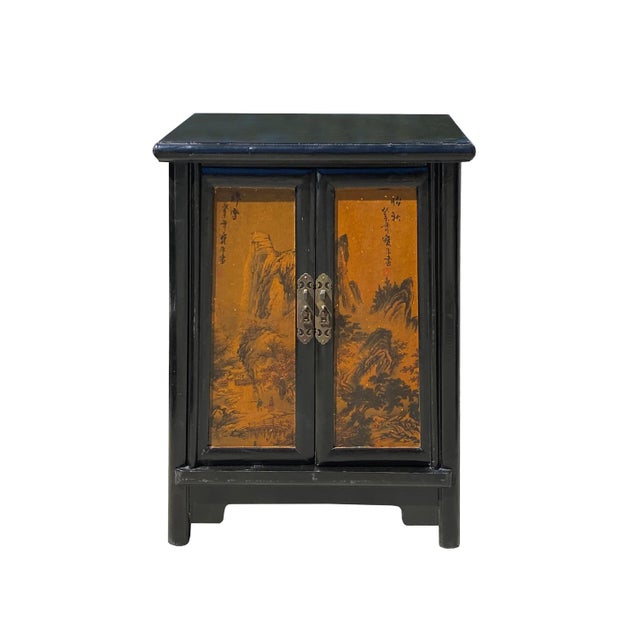 Chinese Distressed Black Yellow Scenery Graphic End Table Nightstand For Sale In San Francisco - Image 6 of 6