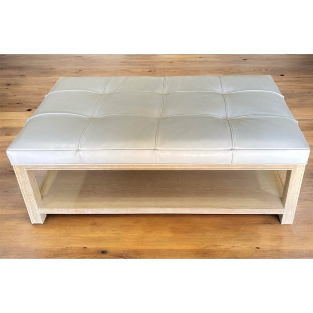 Off-white Highland House 1399-48 Franco Cocktail Ottoman With Off-White Tufted Leather Cushion and Lower Oak Shelf For Sale - Image 8 of 18