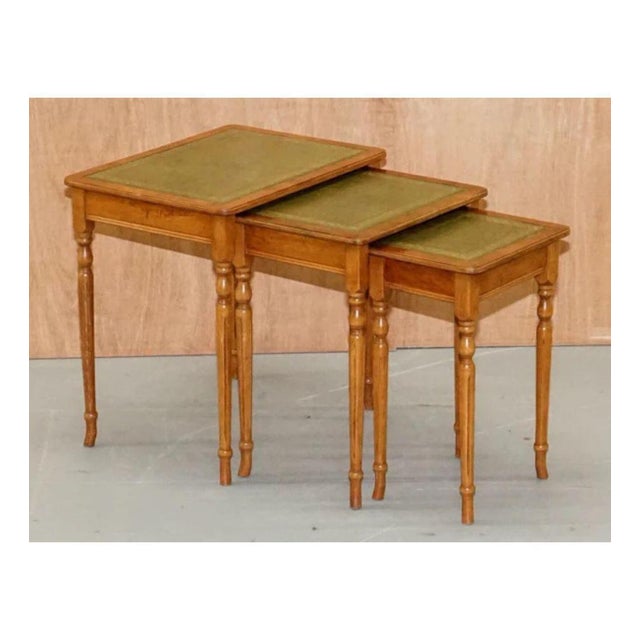 Hollywood Regency Regency Style Gold Leaf Embossed Yew Wood Nesting Tables with Leather Tops, Set of 3 For Sale - Image 3 of 9