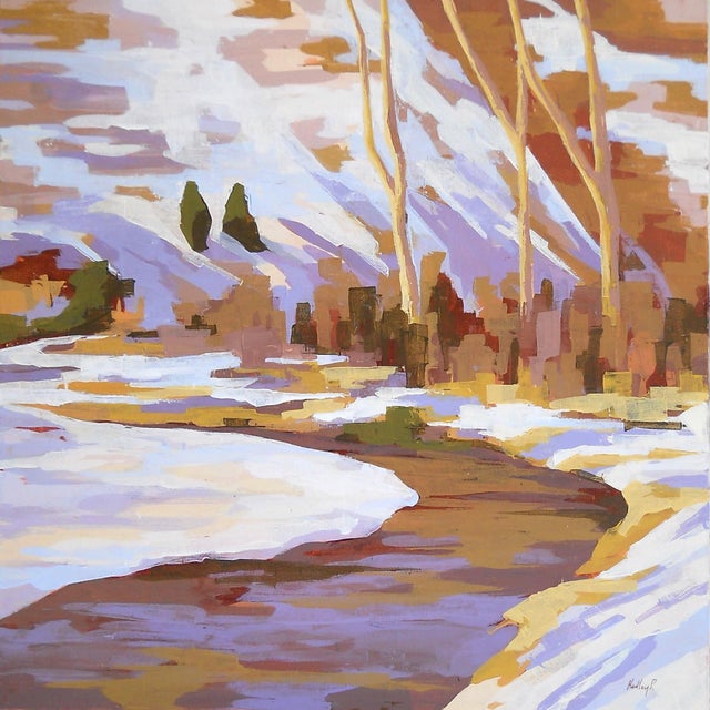 Streaming by Hadley Rampton | Oil Painting of a winding river with trees and snow-covered ground For Sale