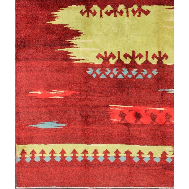 Abstract Modern Abstract Rug in Maroon, Barn Red, Carmine, Crimson and Lime Green For Sale - Image 3 of 11