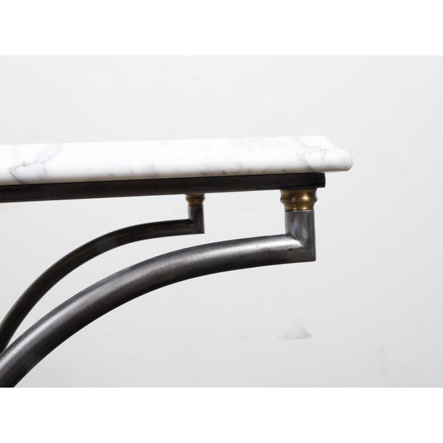 French Midcentury Steel and Bronze Console Table with White Veined Marble Top For Sale - Image 10 of 12
