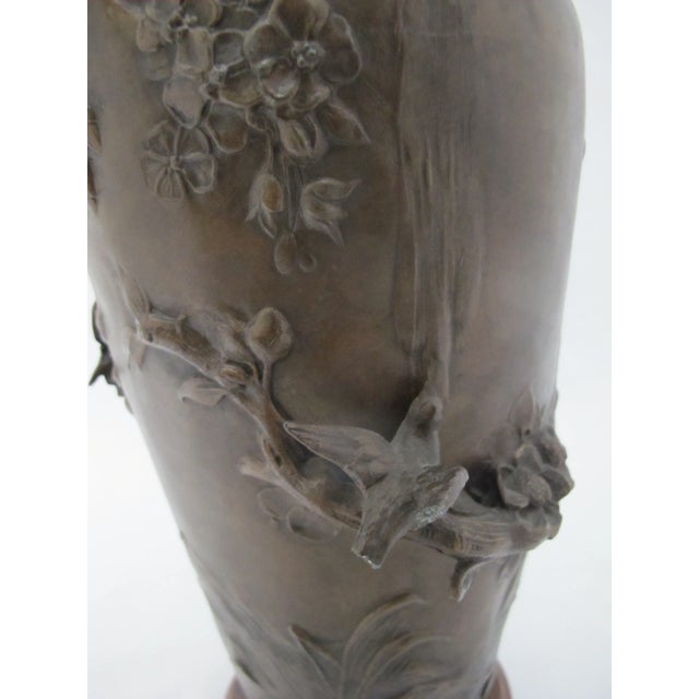 Francois Moreau Signed Female Figural Bird & Flower Art Nouveau Bronze Vase Pair For Sale - Image 12 of 17
