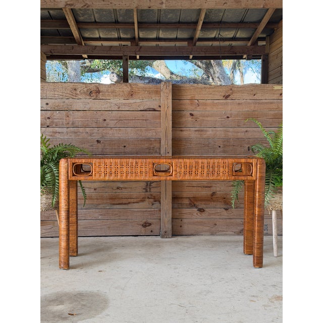 Vintage Boho Rattan Wrapped Console With Woven Apron & Glass Top For Sale - Image 12 of 12