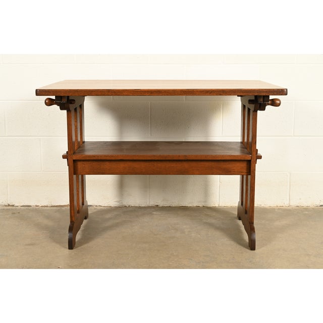 Charles Limbert Stickley Style Antique Mission Oak Arts & Crafts Metamorphic Library Table Monk's Chair | Newly Refinished For Sale - Image 4 of 15