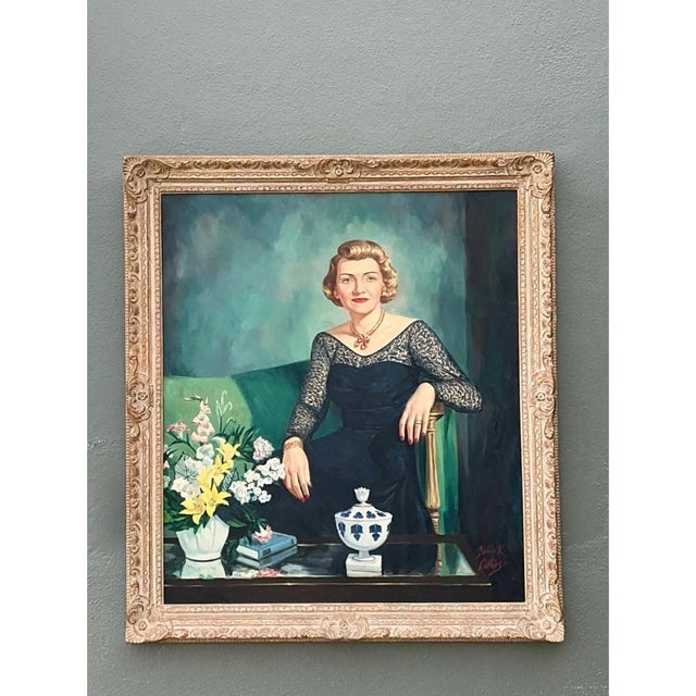 Cerulean Vintage Portrait Painting on Canvas For Sale - Image 8 of 12