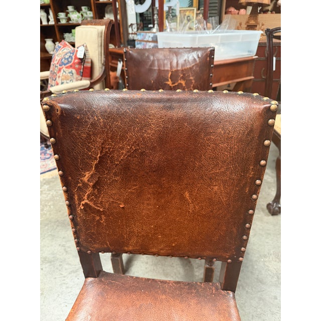 Set of 4 19th-Century English Cromwellian Leather & Oak Dining Chairs For Sale - Image 10 of 18