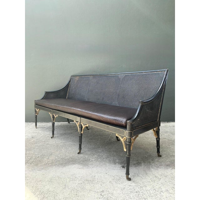 Mid 20th Century Vintage Leather Cushion Cane Settee For Sale - Image 5 of 17
