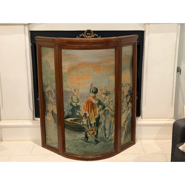 Brown 19th Century Napoleon III Style Three-Panel Painted Canvas Fireplace Screen For Sale - Image 8 of 15