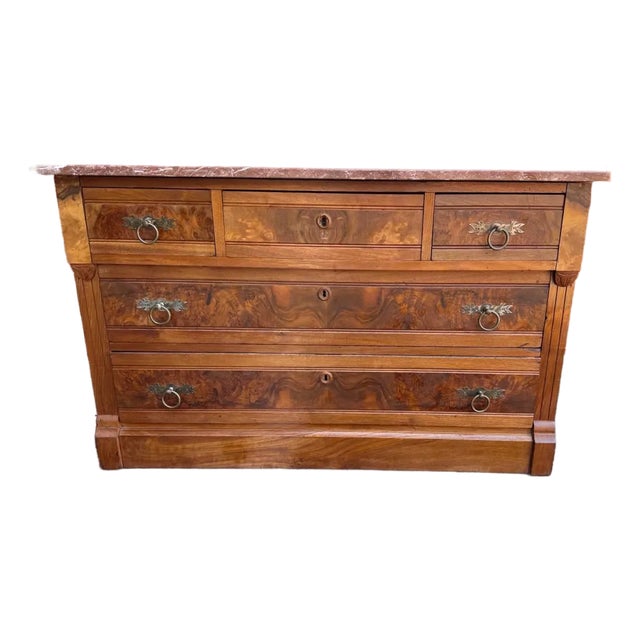 Antique Victorian Eastlake Solid Wood and Burledwood Marble Dresser With Knapp Joint For Sale