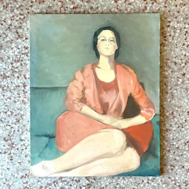 Boho Chic Vintage Italian Signed Modernist Woman Portrait Oil Painting For Sale - Image 3 of 13