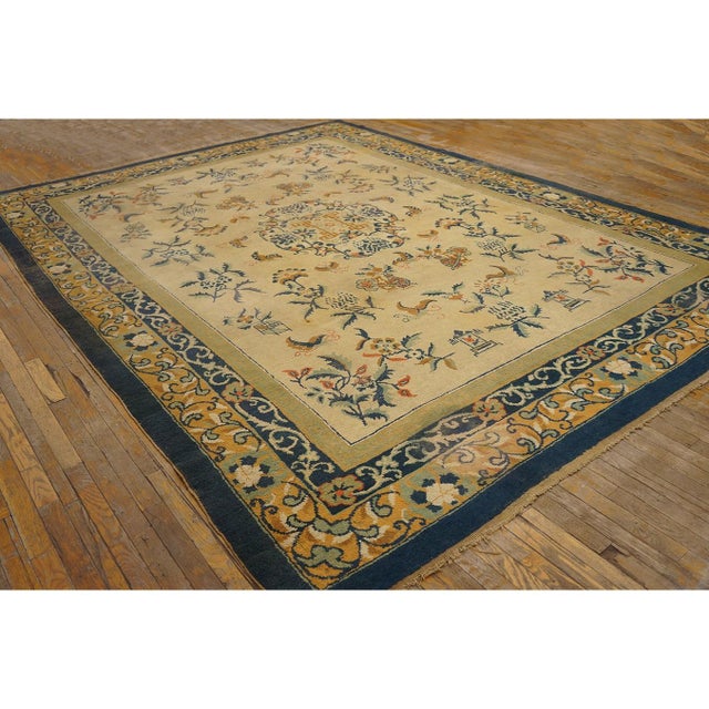 Textile 1920s Beige Floral Oriental Deco Antique Chinese Peking Hand Knotted Wool Rug For Sale - Image 7 of 10