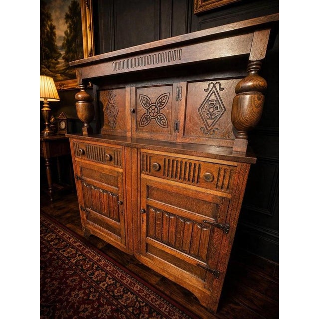 Antique Arts & Crafts Carved Quarter-Sawn Oak Sideboard Dresser For Sale - Image 4 of 12