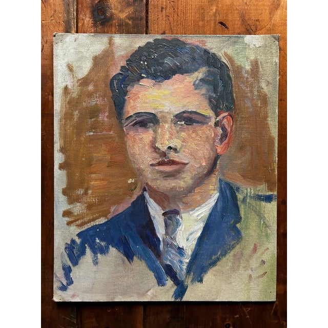 Vintage oil painting on panel. Features an impressionist portrait of a young dark haired man wearing a suit and tie. No...