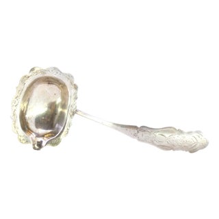 Silver Sauce Spoon with Scalloped Ladle and Curved Handle Engraving For Sale