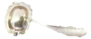 Silver Sauce Spoon with Scalloped Ladle and Curved Handle Engraving