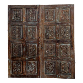 Vintage Distressed Carved Wood Barn Door | Reclaimed Rustic Architectural Statement 80x36 For Sale