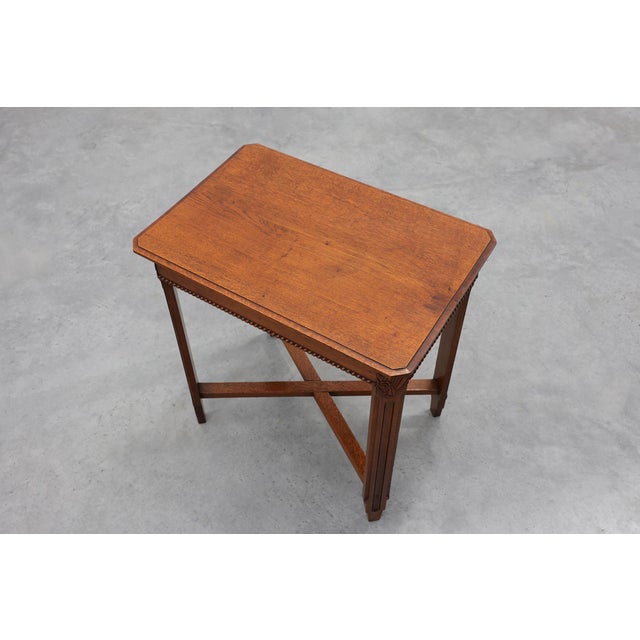 Art Deco French Side Table with Fluted Legs, Carved Frieze and X-Stretcher, 1920s For Sale - Image 9 of 13