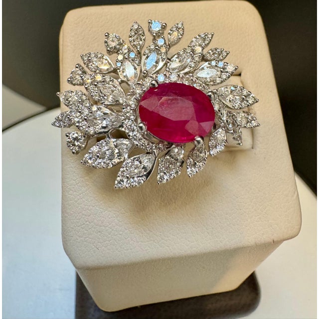 2 Carat Natural Oval Ruby and 2.5 Carat Diamond 18 Karat White Gold Ring S 5.75 For Sale - Image 18 of 18