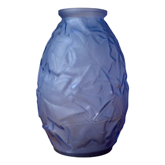 Large French Blue Vase with Maple Leaves, 1930 For Sale
