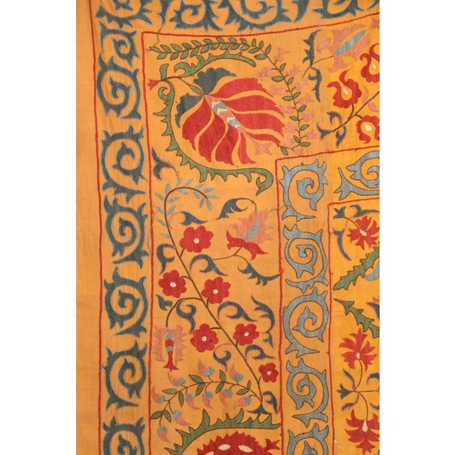 Saffron Large Vintage Embroidered Uzbek Suzani Yellow Blue Red For Sale - Image 8 of 12