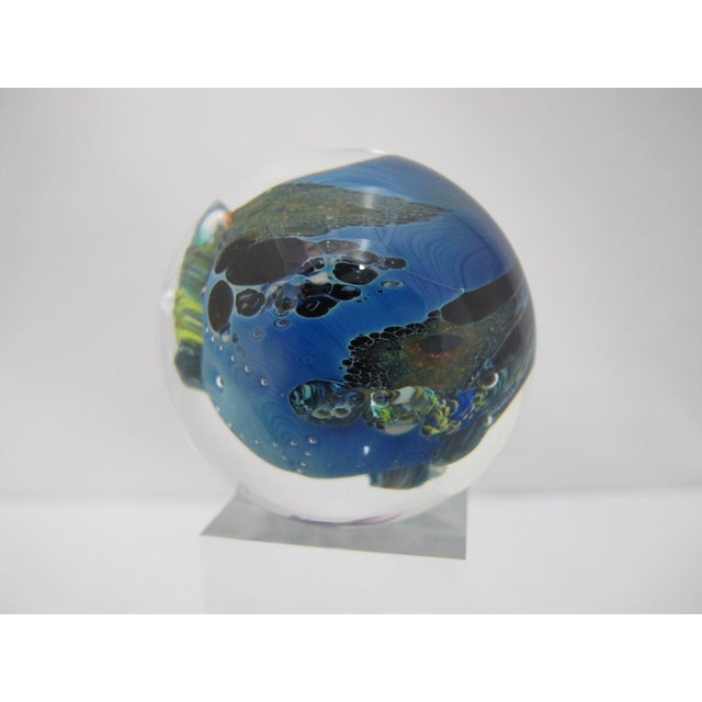 Josh Simpson Inhabited Planet Earth Art Glass Marble Paperweight & Display Stand For Sale - Image 4 of 10