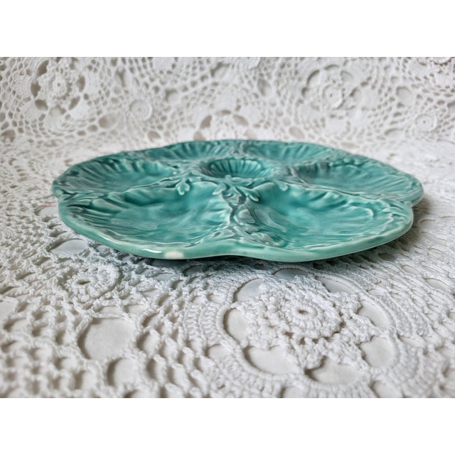Gien Mid-Century French Gien Turquoise Aqua Blue-Green Glazed Oyster Plate For Sale - Image 4 of 7