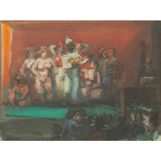Josef Foshko (Russian, 1891-1971), Cabaret Scene, Gouache on Paper, signed in Cyrillic lower left, carved and painted wood...