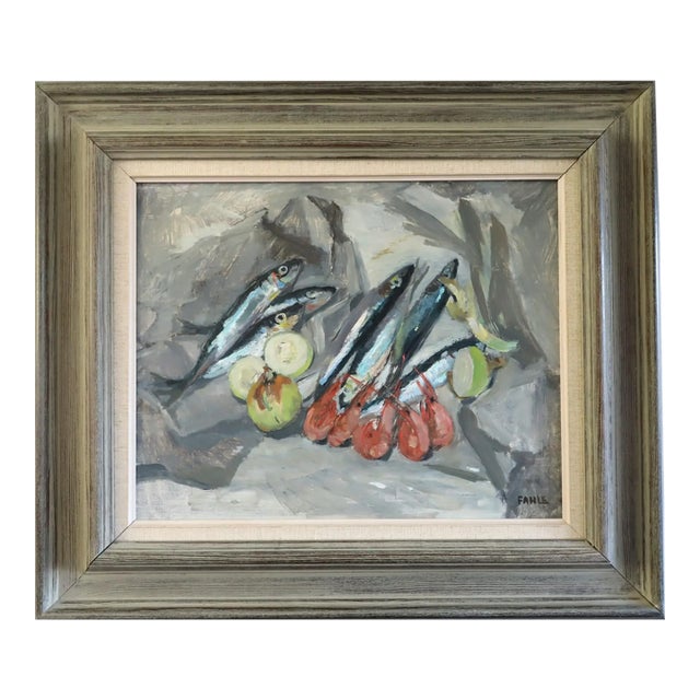1961 Mid-Century Modern 'Still Life With Sardines' Vintage Swedish Expressive Still Life Oil Painting, Framed For Sale