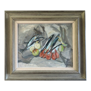 1961 Mid-Century Modern 'Still Life With Sardines' Vintage Swedish Expressive Still Life Oil Painting, Framed