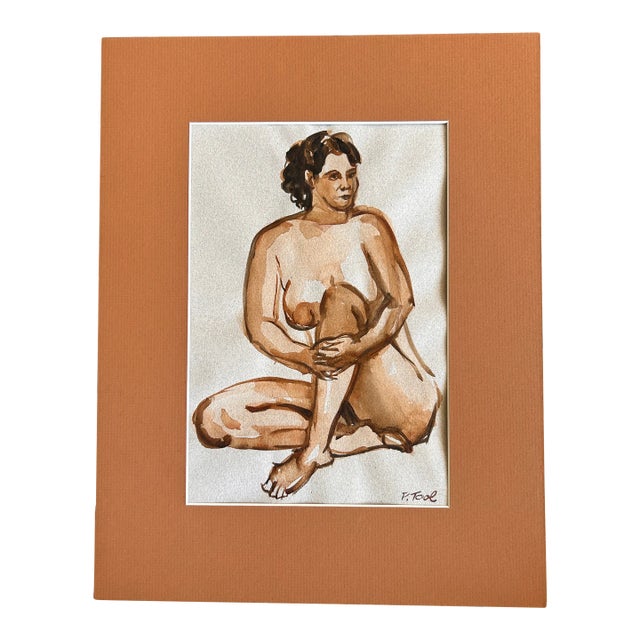 Vintage Seated Nude Woman Watercolor Painting For Sale