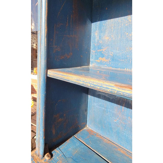 Early 19Thc Original Blue Painted Step Back Pewter Cupboard For Sale In Los Angeles - Image 6 of 9