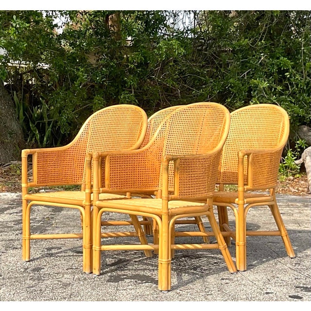 Wood Vintage Coastal Cane Rattan Dining Chairs After McGuire - Set of 4 For Sale - Image 7 of 12