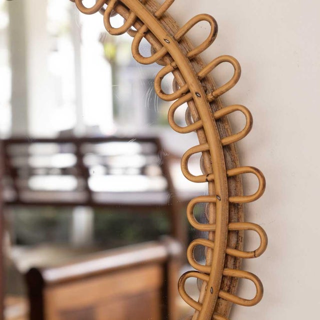 Brown 1960s Italian Rattan Circular Loop Mirror For Sale - Image 8 of 9