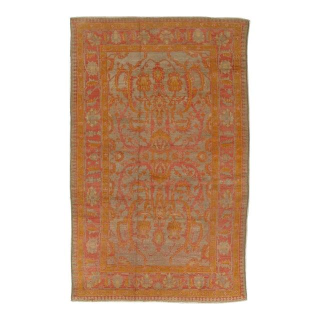 Antique Oushak Handmade Turkish Oriental Saffron, Coral & Light Blue Rug For Sale
