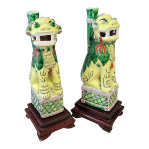 Rare Pair of Famille Jaune Joss-Stick Holder Foo Dogs, c.1850–1870